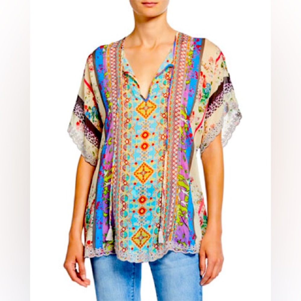 Johnny Was Floral Mixed Media Split-Neck Scallop Hem Georgette Blouse